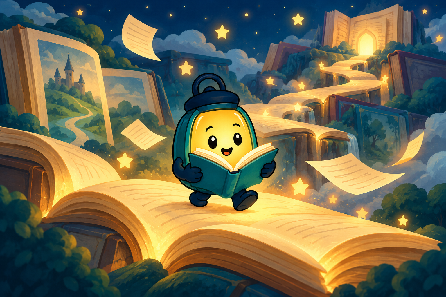 A friendly lantern character explores a glowing landscape of giant storybooks.